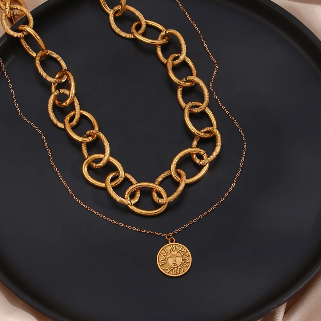 Ensemble Collier ras de cou vintage en chaîne à anneaux plaqué or