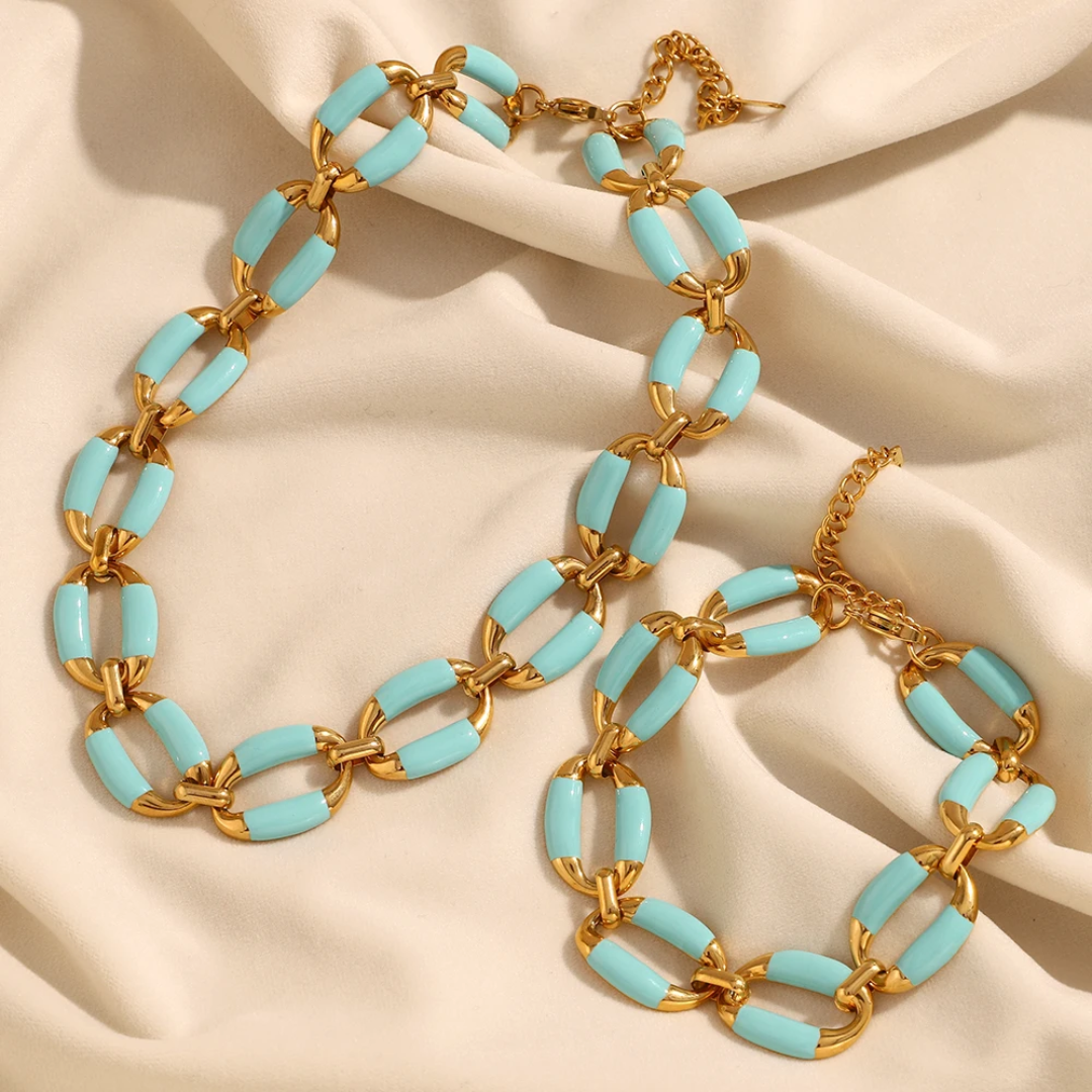 Sky blue set with thick enameled chain necklace
