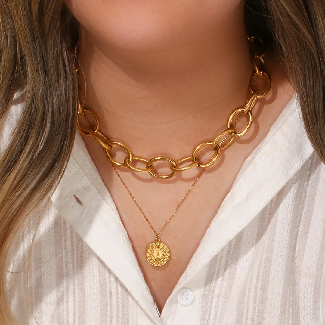 Vintage gold-plated ring chain choker necklace set