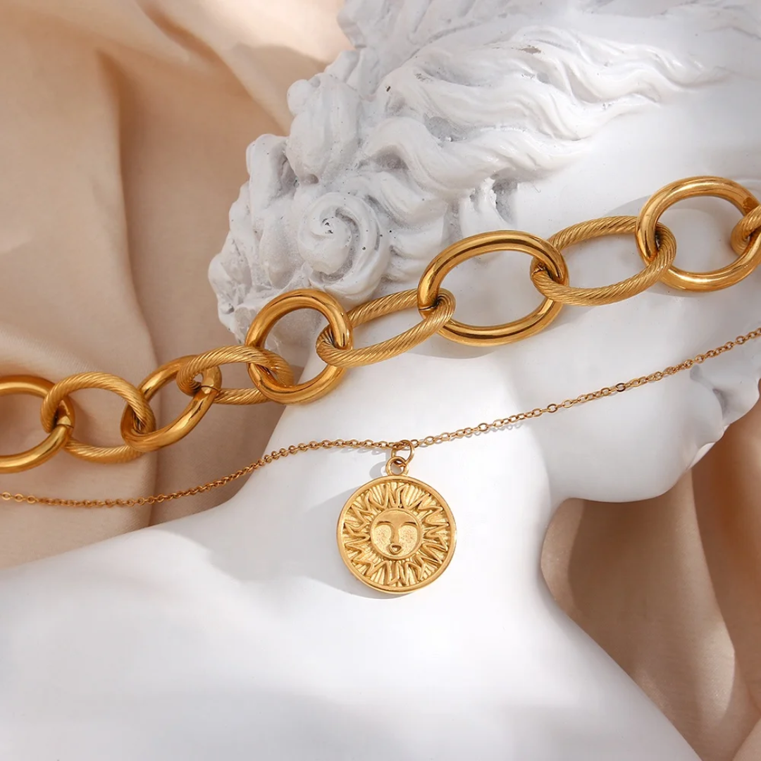 Vintage gold-plated ring chain choker necklace set