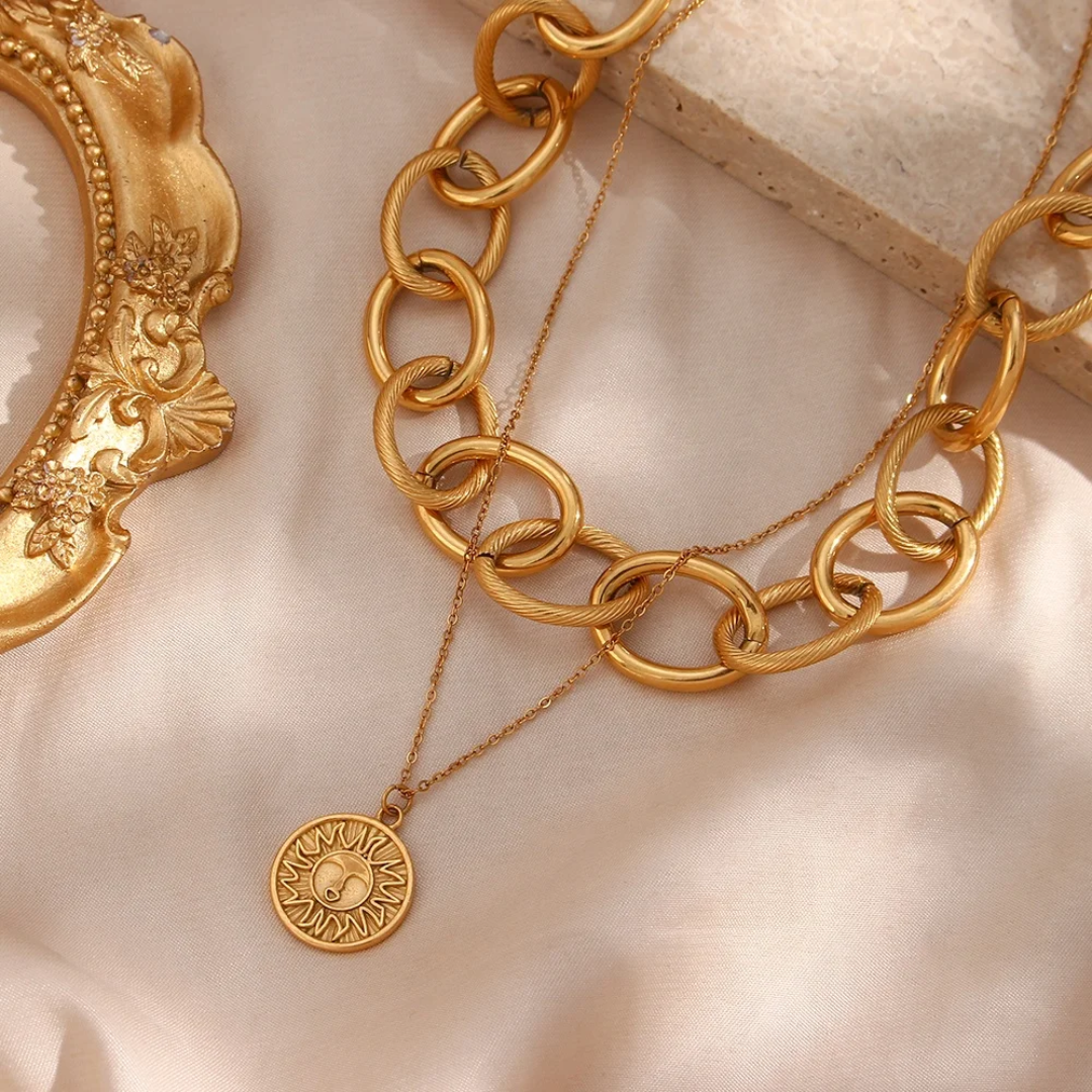 Vintage gold-plated ring chain choker necklace set