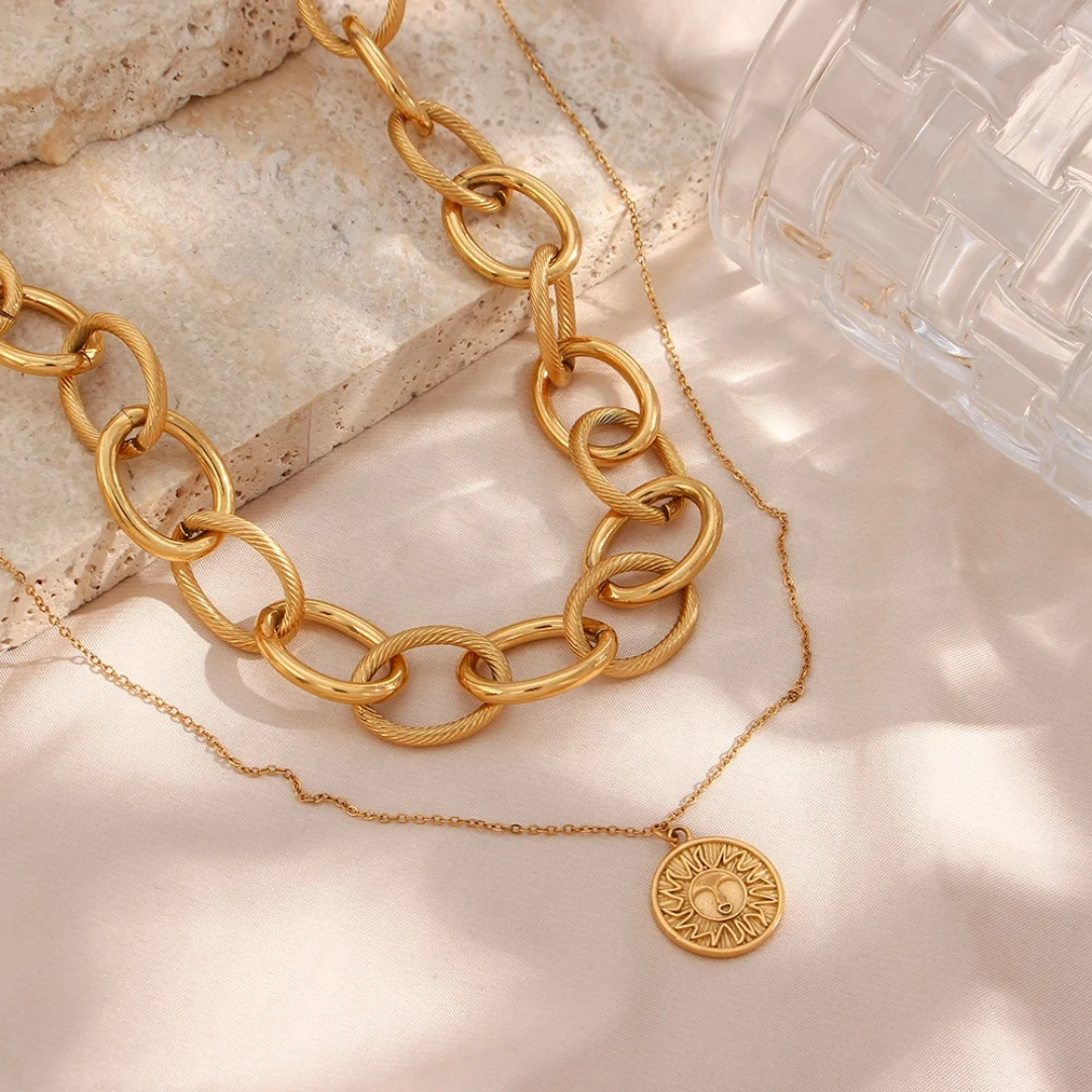 Vintage gold-plated ring chain choker necklace set