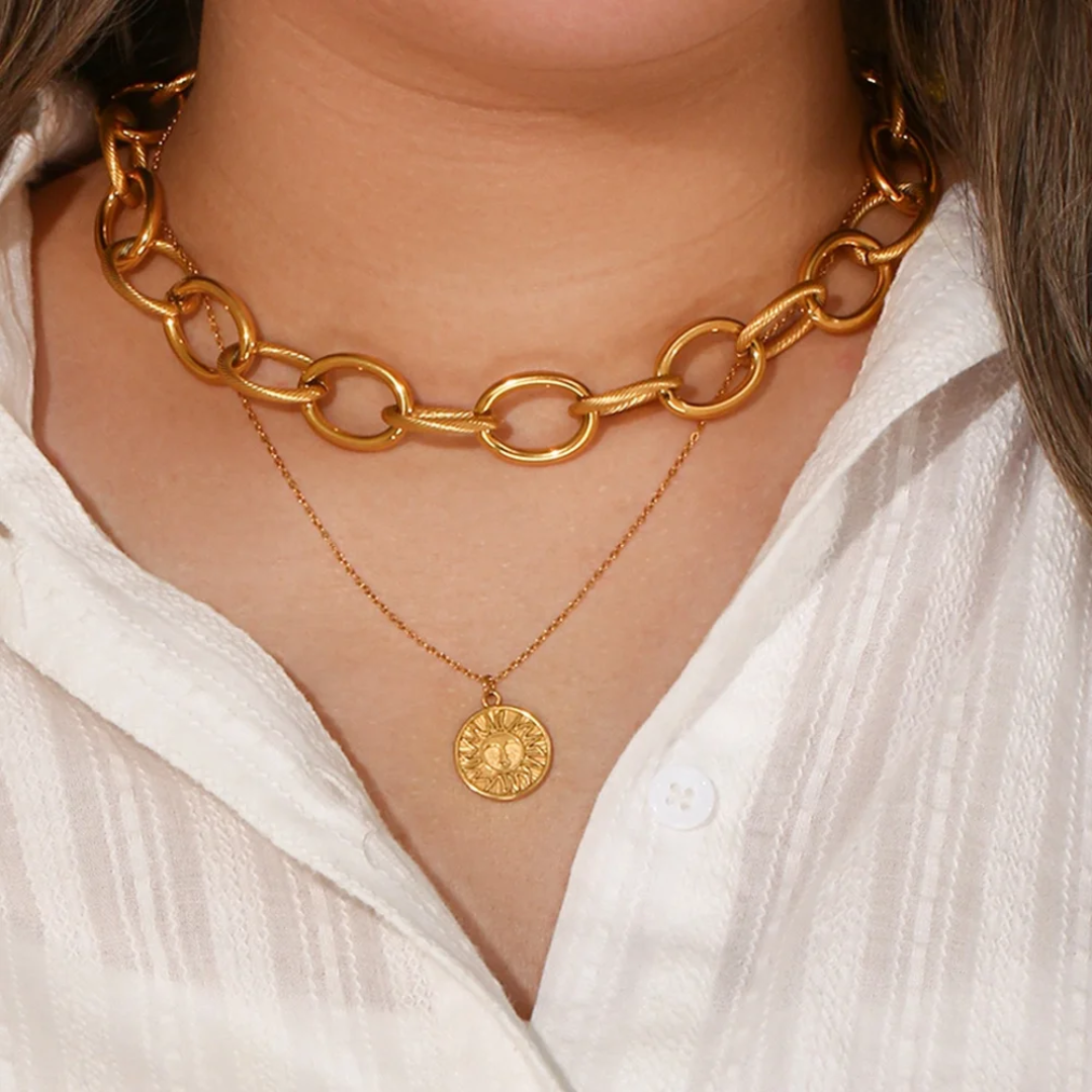 Vintage gold-plated ring chain choker necklace set