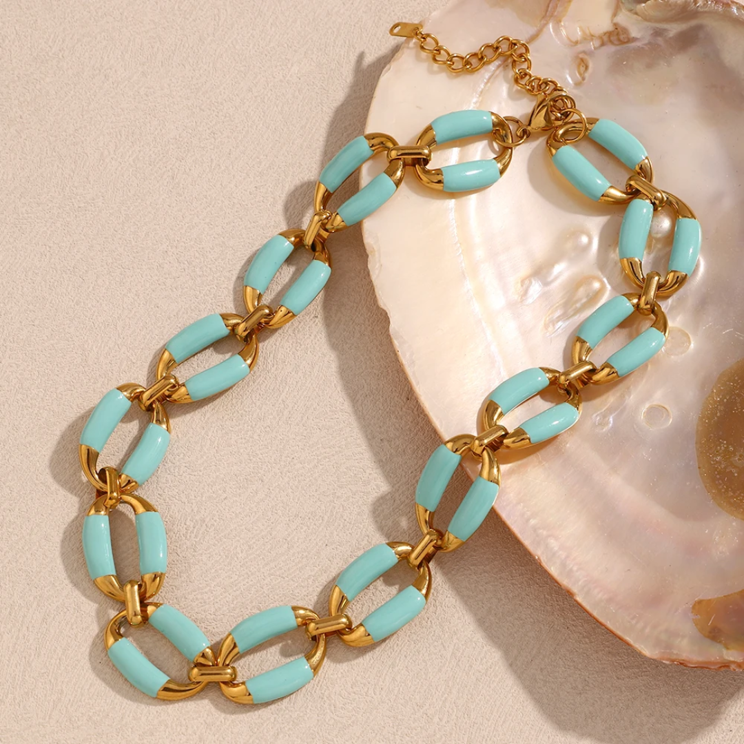Ensemble bleu ciel collier-chaine épaisse émaillée, acier inoxydable