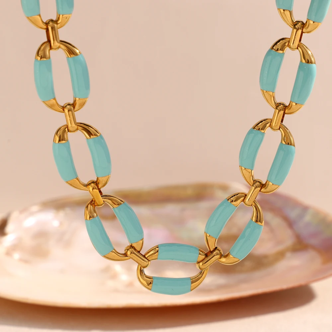 Ensemble bleu ciel collier-chaine épaisse émaillée, acier inoxydable