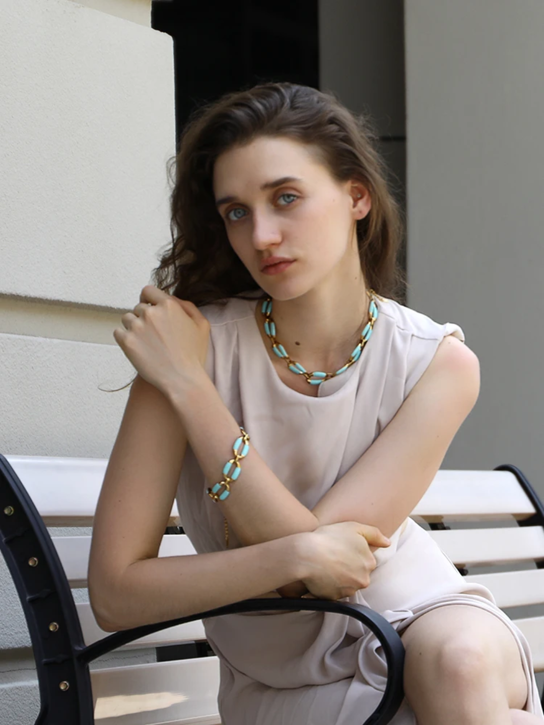 Ensemble bleu ciel collier-chaine épaisse émaillée, acier inoxydable