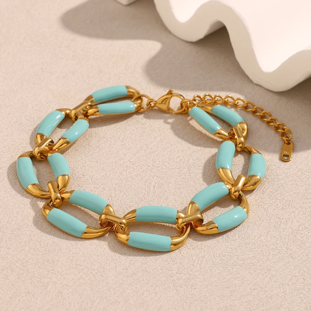 Ensemble bleu ciel collier-chaine épaisse émaillée, acier inoxydable