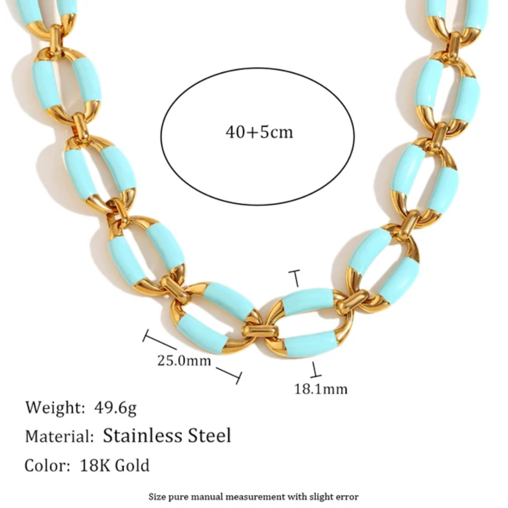 Ensemble bleu ciel collier-chaine épaisse émaillée, acier inoxydable