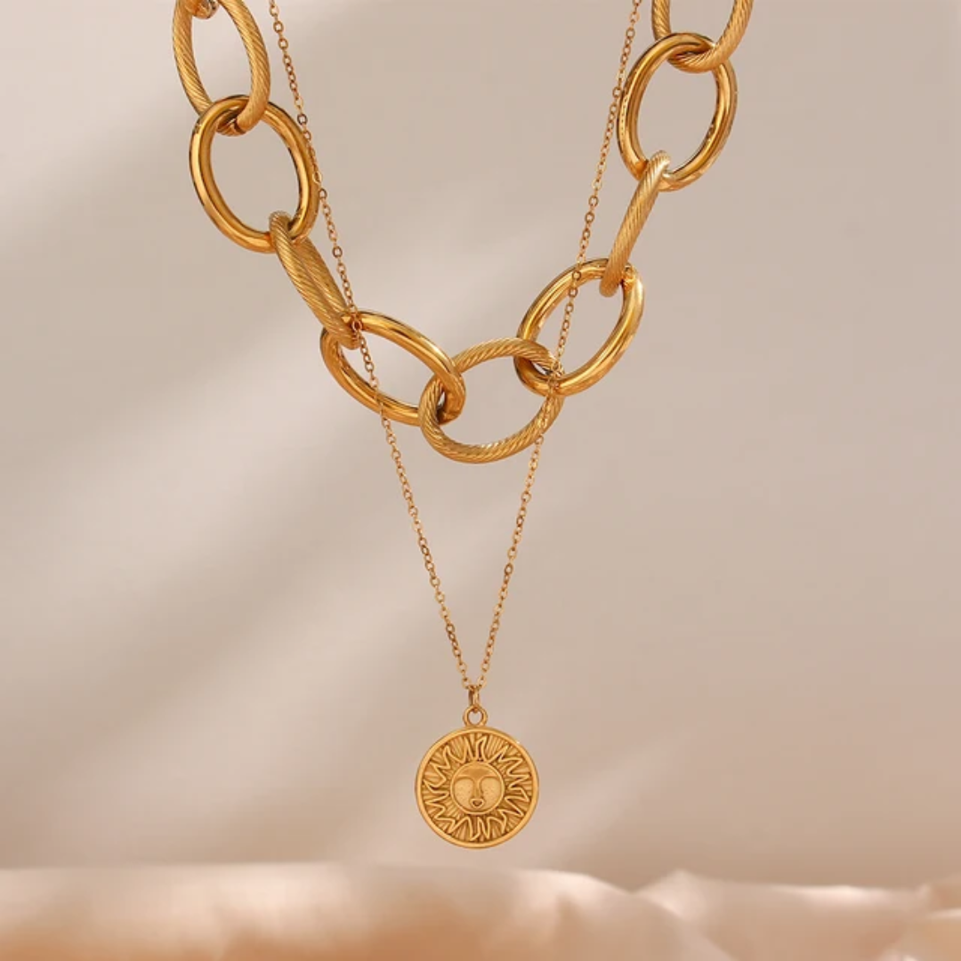 Ensemble Collier ras de cou vintage en chaîne à anneaux plaqué or