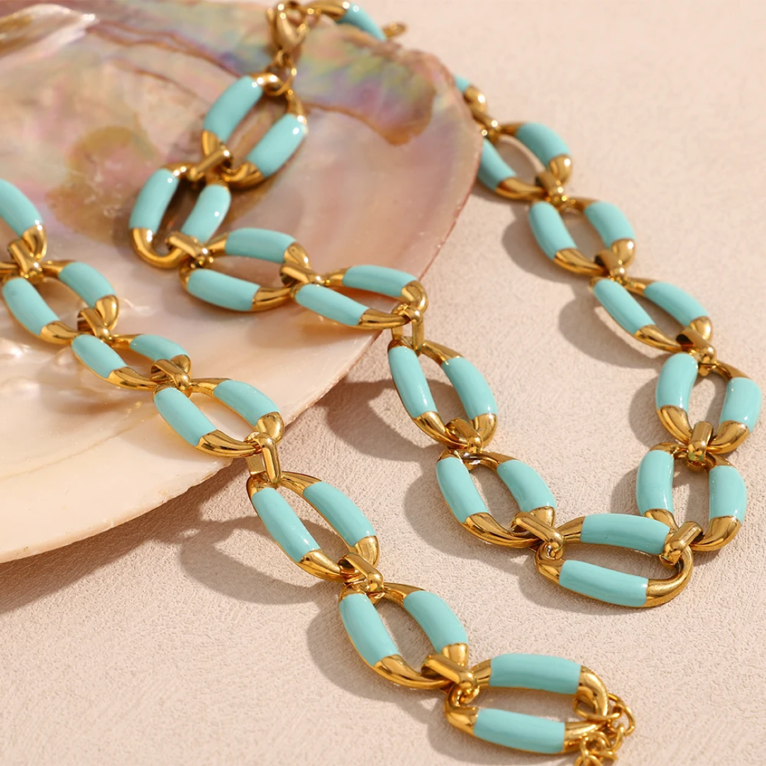 Ensemble bleu ciel collier-chaine épaisse émaillée, acier inoxydable