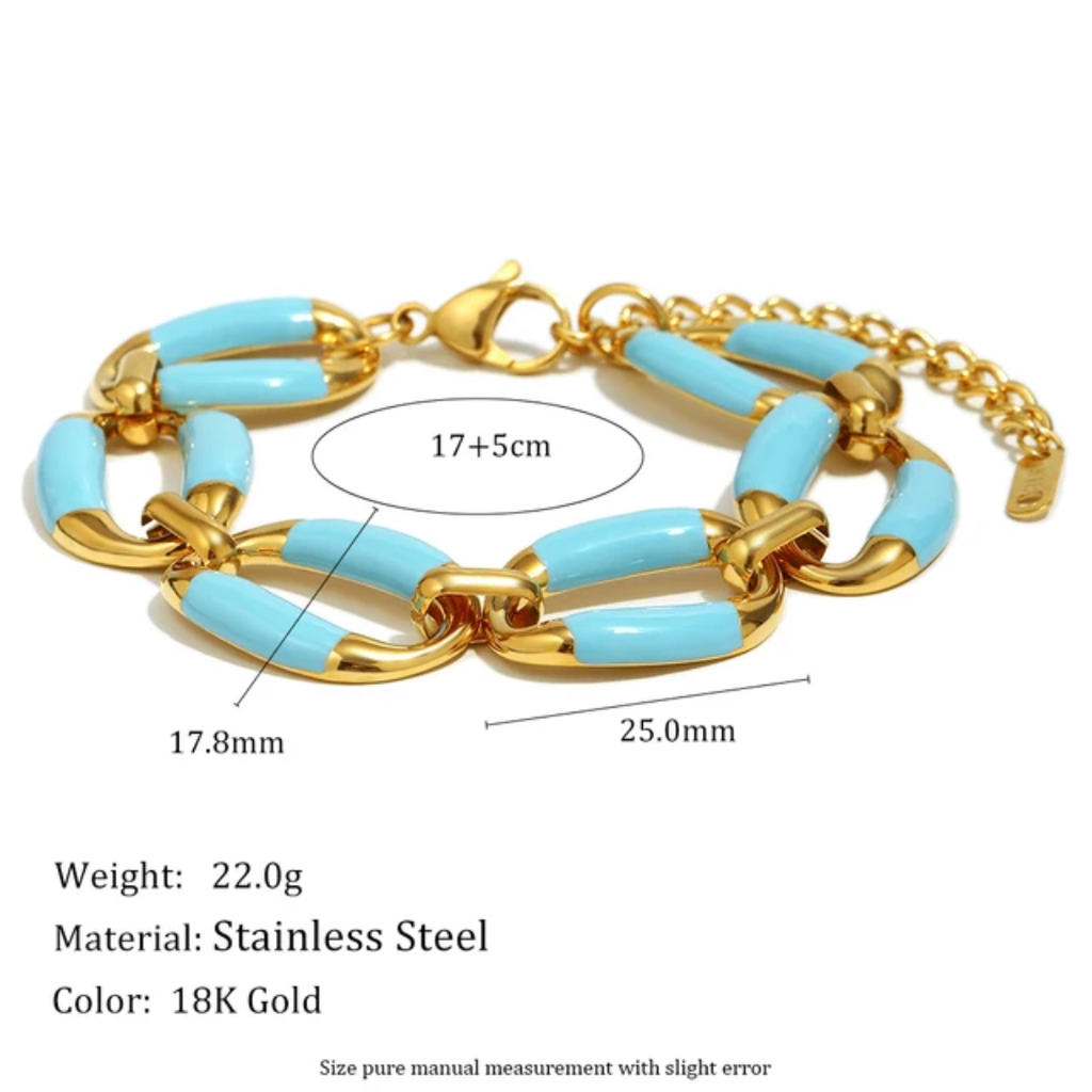 Ensemble bleu ciel collier-chaine épaisse émaillée, acier inoxydable